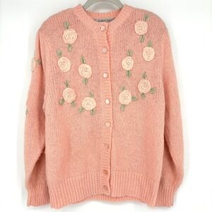 Vintage Grandma‎ Cardigan Peach Textured Knit Pearls Floral Embroidered Sz M